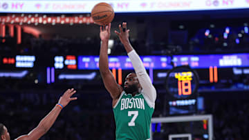 Oct 24, 2025; New York, New York, USA;  Boston Celtics guard Jaylen Brown (7) shoots the ball during the fourth quarter against the New York Knicks at Madison Square Garden. Mandatory Credit: Vincent Carchietta-Imagn Images