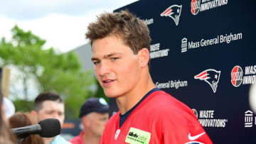 Jun 12, 2024; Foxborough, MA, USA;  New England Patriots quarterback Drake Maye (10) speaks to the media during press availability at minicamp at Gillette Stadium.  Mandatory Credit: Eric Canha-USA TODAY Sports