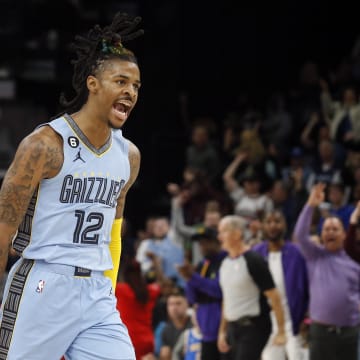 Mar 29, 2023; Memphis, Tennessee, USA; Memphis Grizzlies guard Ja Morant (12) reacts during the second half against the Los Angeles Clippers at FedExForum. 