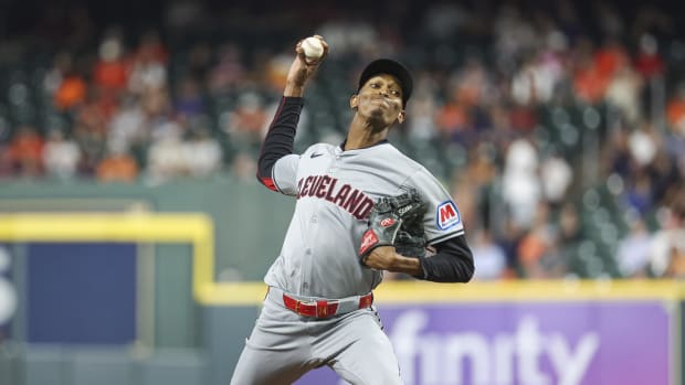 May 1, 2024; Houston, Texas, USA; Cleveland Guardians starting pitcher Triston McKenzie (24) delivers a pitch during the second inning against the Houston Astros at Minute Maid Park. Mandatory Credit: Troy Taormina-USA TODAY Sports