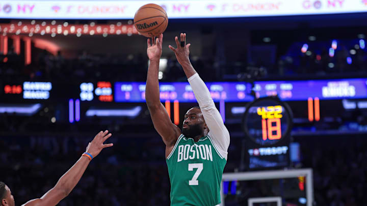 Oct 24, 2025; New York, New York, USA;  Boston Celtics guard Jaylen Brown (7) shoots the ball during the fourth quarter against the New York Knicks at Madison Square Garden. Mandatory Credit: Vincent Carchietta-Imagn Images