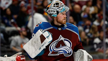 Dec 22, 2024; Denver, Colorado, USA; Colorado Avalanche goaltender Mackenzie Blackwood (39) before the start of the third period against the Seattle Kraken at Ball Arena. Mandatory Credit: Isaiah J. Downing-Imagn Images