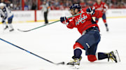Nov 26, 2025; Washington, District of Columbia, USA; Washington Capitals left wing Alex Ovechkin (8) attempts a shot on goal