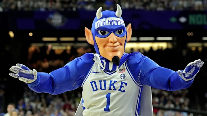Apr 2, 2022; New Orleans, LA, USA; The Duke Blue Devils mascot during the first half against the North Carolina Tar Heels in the 2022 NCAA men's basketball tournament Final Four semifinals at Caesars Superdome. Mandatory Credit: Robert Deutsch-Imagn Images