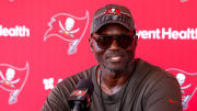 Aug 3, 2023; Tampa Bay, FL, USA;  Tampa Bay Buccaneers head coach Todd Bowles gives a press conference after training camp at AdventHealth Training Center. Mandatory Credit: Nathan Ray Seebeck-USA TODAY Sports