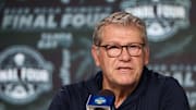 Apr 5, 2025; Tampa, FL, USA; UConn Huskies head coach Geno Auriemma talks to media before the NCAA Woman’s Final practice at Amalie Arena. Mandatory Credit: Nathan Ray Seebeck-Imagn Images