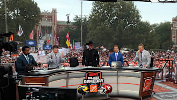 Hosts take their seats for ESPN College GameDay ahead of the University of Oklahoma-Michigan College football game on Sep 6, 2025 in Norman.