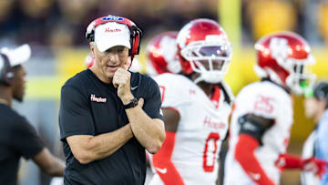 Oct 25, 2025; Tempe, Arizona, USA; Houston Cougars head coach Willie Fritz reacts against the Arizona State Sun Devils at Mountain America Stadium. Mandatory Credit: Mark J. Rebilas-Imagn Images