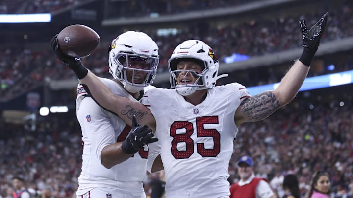 Dec 14, 2025; Houston, Texas, USA; Arizona Cardinals tight end Trey McBride (85) scores a touchdown during the first half against the Houston Texans  at NRG Stadium. Mandatory Credit: Troy Taormina-Imagn Images