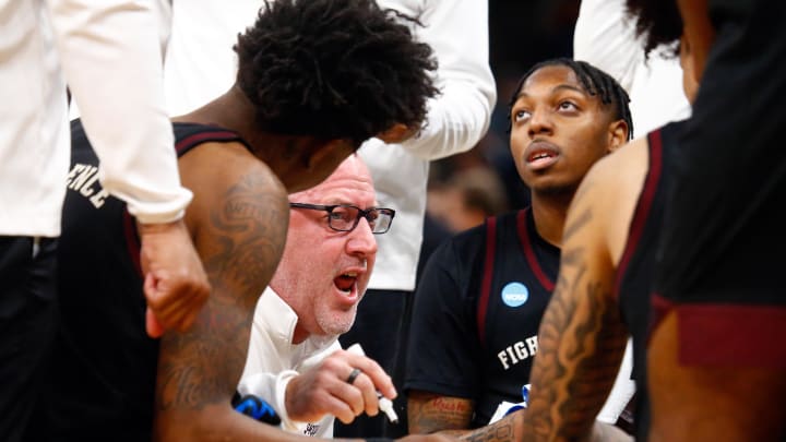 Mar 24, 2024; Memphis, TN, USA; Texas A&M Aggies head coach Buzz Williams reacts during a time out during the first half against the Houston Cougars in the second round of the 2024 NCAA Tournament at FedExForum. 