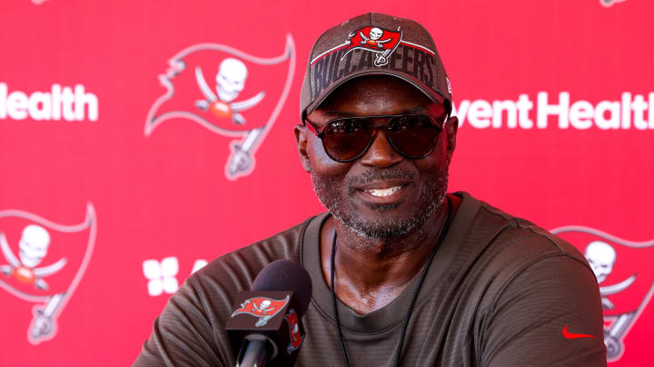 Aug 3, 2023; Tampa Bay, FL, USA;  Tampa Bay Buccaneers head coach Todd Bowles gives a press conference after training camp at AdventHealth Training Center. Mandatory Credit: Nathan Ray Seebeck-USA TODAY Sports