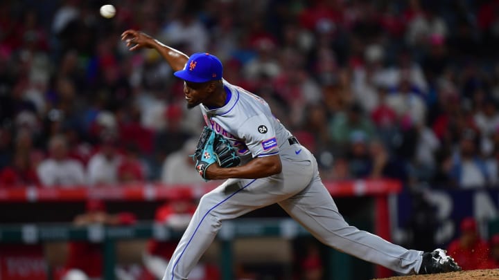 August 3, 2024; Anaheim, California, USA; New York Mets pitcher Huascar Brazoban (43) throws against the Los Angeles Angels during the seventh inning at Angel Stadium. Mandatory Credit: Gary A. Vasquez-USA TODAY Sports