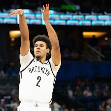 Mar 13, 2024; Orlando, Florida, USA; Brooklyn Nets forward Cameron Johnson (2) shoots the ball against the Orlando Magic in the second quarter at Kia Center. Mandatory Credit: Jeremy Reper-Imagn Images