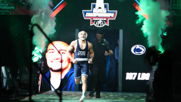 Penn State wrestler Aaron Brooks enters the arena for the 197-pound title bout at the 2024 NCAA Wrestling Championships in Kansas City. 