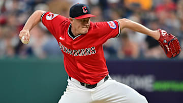 Jul 5, 2025; Cleveland, Ohio, USA; Cleveland Guardians relief pitcher Paul Sewald (34) throws a pitch during the eighth inning against the Detroit Tigers at Progressive Field. Mandatory Credit: Ken Blaze-Imagn Images