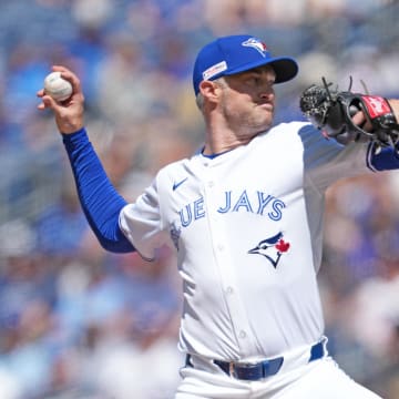 Jun 15, 2024; Toronto, Ontario, CAN; Toronto Blue Jays starting pitcher Trevor Richards (33) throws a pitch against the Cleveland Guardians during the first inning at Rogers Centre. Mandatory Credit: Nick Turchiaro-USA TODAY Sports