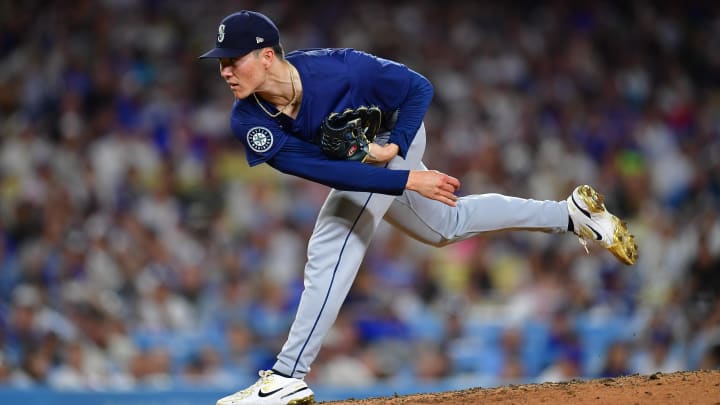 Seattle Mariners pitcher Bryan Woo throws against the Los Angeles Dodgers on Aug. 19 at Dodger Stadium.