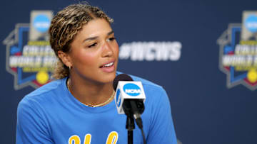 UCLA's Maya Brady speaks to the media during the practice and media day for the Women's College World Series at Devon Park in Oklahoma City, Wednesday, May, 29, 2024.