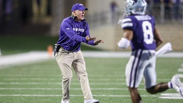 Sep 23, 2023; Manhattan, Kansas, USA; Kansas State Wildcats head coach Chris Klieman waits to talk to his offense.