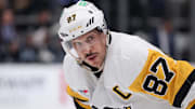 Jan 29, 2025; Salt Lake City, Utah, USA; Pittsburgh Penguins center Sidney Crosby (87) waits for a faceoff against the Utah Hockey Club during the third period at Delta Center. Mandatory Credit: Rob Gray-Imagn Images