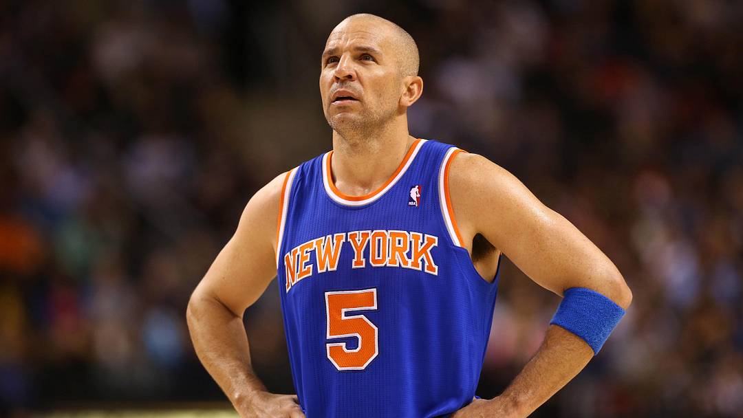 Feb 22, 2013; Toronto, ON, Canada; New York Knicks point guard Jason Kidd (5) looks on during their game against the Toronto Raptors at the Air Canada Centre. The Raptors beat the Knicks 100-98. Mandatory Credit: Tom Szczerbowski-Imagn Images