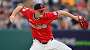 Jul 5, 2025; Cleveland, Ohio, USA; Cleveland Guardians relief pitcher Paul Sewald (34) throws a pitch during the eighth inning against the Detroit Tigers at Progressive Field.