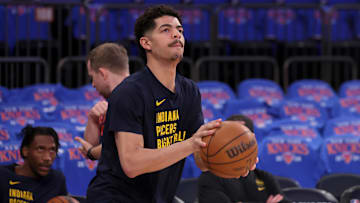 May 6, 2024; New York, New York, USA; Indiana Pacers guard Ben Sheppard (26) warms up before game one of the second round of the 2024 NBA playoffs against the New York Knicks at Madison Square Garden. Mandatory Credit: Brad Penner-Imagn Images