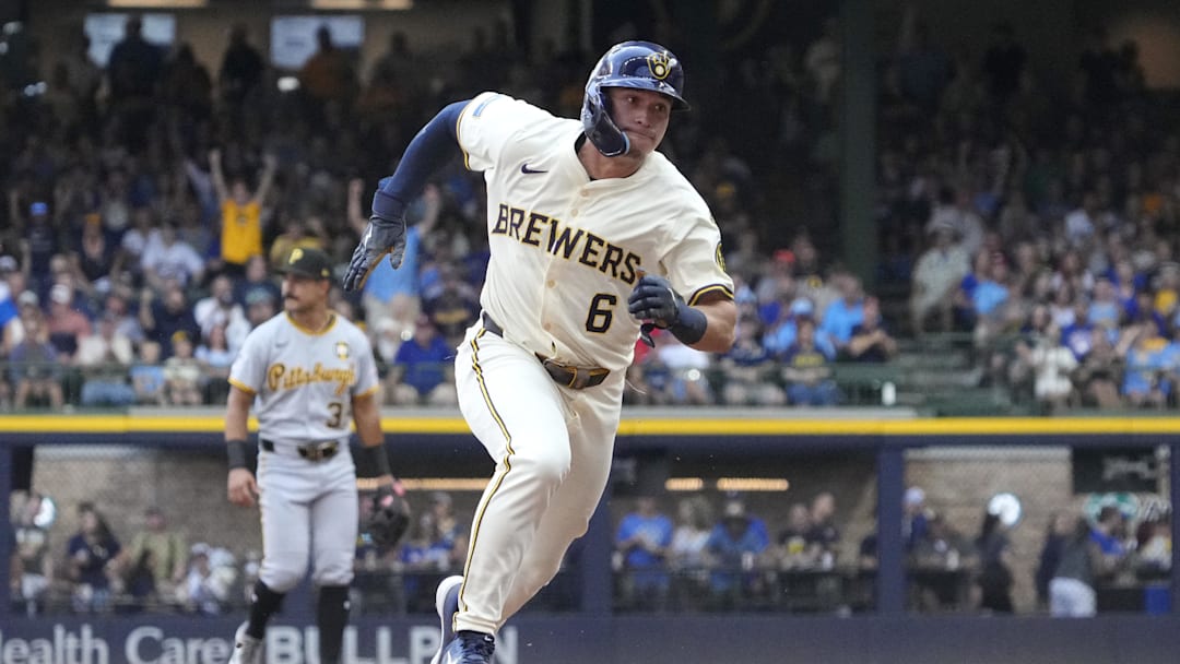 Aug 13, 2025; Milwaukee, Wisconsin, USA; Milwaukee Brewers outfielder Isaac Collins (6) runs to third base against the Pittsburgh Pirates win the fourth inning at American Family Field. Mandatory Credit: Michael McLoone-Imagn Images Aug 13, 2025; Milwaukee, Wisconsin, USA; Milwaukee Brewers outfielder Isaac Collins (6) runs to third base against the Pittsburgh Pirates win the fourth inning at American Family Field. Mandatory Credit: Michael McLoone-Imagn Images