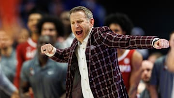 Jan 18, 2025; Lexington, Kentucky, USA; Alabama Crimson Tide head coach Nate Oats celebrates during the second half against the Kentucky Wildcats at Rupp Arena at Central Bank Center. Mandatory Credit: Jordan Prather-Imagn Images