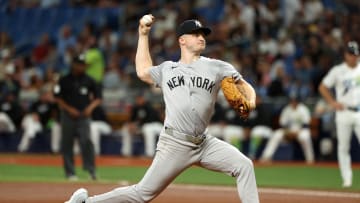 May 10, 2024; St. Petersburg, Florida, USA;  New York Yankees pitcher Clarke Schmidt (36) throws a pitch against the Tampa Bay Rays during the first inning at Tropicana Field. Mandatory Credit: Kim Klement Neitzel-USA TODAY Sports