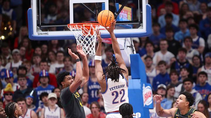 Kansas Jayhawks guard Darryn Peterson (22) shoots the ball against Baylor Bears during the game inside Allen Fieldhouse on Jan. 16, 2026.