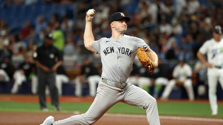 May 10, 2024; St. Petersburg, Florida, USA;  New York Yankees pitcher Clarke Schmidt (36) throws a pitch against the Tampa Bay Rays during the first inning at Tropicana Field. Mandatory Credit: Kim Klement Neitzel-USA TODAY Sports