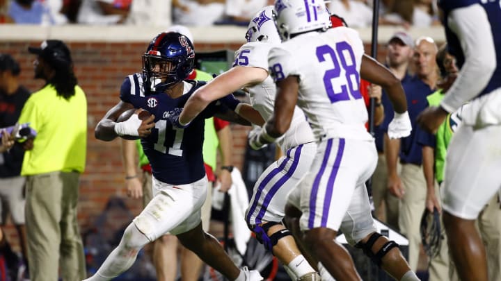 Aug 31, 2024; Oxford, Mississippi, USA; Mississippi Rebels linebacker Chris Paul Jr. (11) returns an interception during the second half against the Furman Paladins at Vaught-Hemingway Stadium. Mandatory Credit: Petre Thomas-USA TODAY Sports