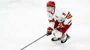 Apr 11, 2024; Saint Paul, Minnesota, USA; Boston College Eagles forward Ryan Leonard (9) carries the puck in the semifinals of the 2024 Frozen Four college ice hockey tournament during the third period against the Michigan Wolverines at Xcel Energy Center. Mandatory Credit: Brace Hemmelgarn-Imagn Images