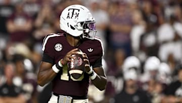 Oct 11, 2025; College Station, Texas, USA; Texas A&M Aggies quarterback Marcel Reed (10) looks to pass the ball during the third quarter against the Florida Gators at Kyle Field. Mandatory Credit: Maria Lysaker-Imagn Images 