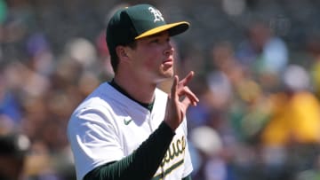 Jun 9, 2024; Oakland, California, USA; Oakland Athletics relief pitcher Mason Miller (19) gestures after the end of the top if the ninth inning against the Toronto Blue Jays at Oakland-Alameda County Coliseum. Mandatory Credit: Darren Yamashita-USA TODAY Sports