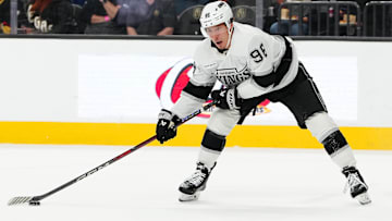 Mar 9, 2025; Las Vegas, Nevada, USA; Los Angeles Kings left wing Andrei Kuzmenko (96) skates against the Vegas Golden Knights during the first period at T-Mobile Arena. Mandatory Credit: Stephen R. Sylvanie-Imagn Images