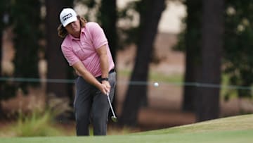 Jun 16, 2024; Pinehurst, North Carolina, USA; Neal Shipley pitches onto the fifth green during the final round of the U.S. Open golf tournament. Mandatory Credit: Jim Dedmon-USA TODAY Sports