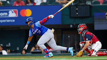 Jul 13, 2024; Arlington, TX, USA; National League Future  infielder Jeral Perez (23) hits a double during the seventh inning against the American League Future team during the Major league All-Star Futures game at Globe Life Field.  Mandatory Credit: Kevin Jairaj-Imagn Images