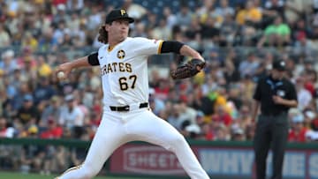Aug 9, 2025; Pittsburgh, Pennsylvania, USA;  Pittsburgh Pirates starting pitcher Braxton Ashcraft (67) delivers a pitch against the Cincinnati Reds during the first inning at PNC Park. Mandatory Credit: Charles LeClaire-Imagn Images