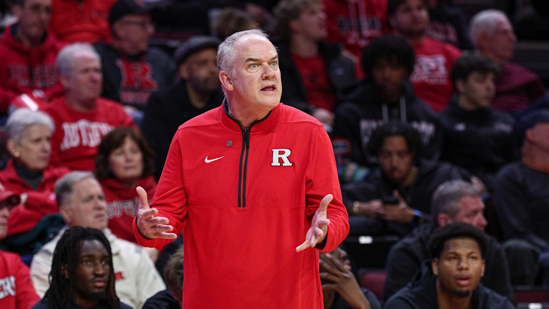 Feb 24, 2026; Piscataway, New Jersey, USA; Rutgers Scarlet Knights head coach Steve Pikiell reacts during the first half against the Washington Huskies at Jersey Mike's Arena. Mandatory Credit: Vincent Carchietta-Imagn Images