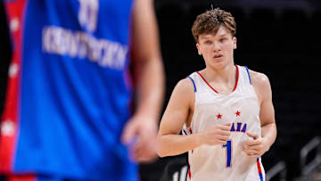 Indiana All-Star and Mr. Basketball Braylon Mullins (1) rushes up the court Saturday, June 7, 2025, during the Indiana vs. Kentucky All-Star game at Gainbridge Fieldhouse in Indianapolis.