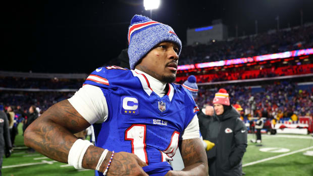 Jan 21, 2024; Orchard Park, New York, USA; Buffalo Bills wide receiver Stefon Diggs (14) reacts