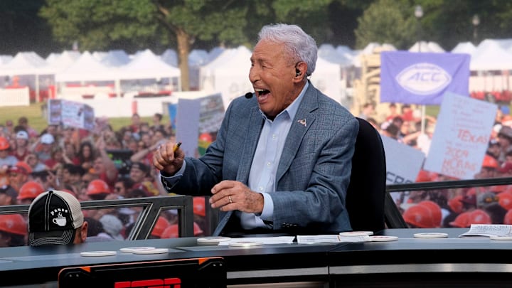 Lee Corso laughs on the set of ESPN's College Gameday before a September 2023 game between Alabama and Texas. Lee Corso laughs on the set of ESPN's College Gameday before a September 2023 game between Alabama and Texas.
