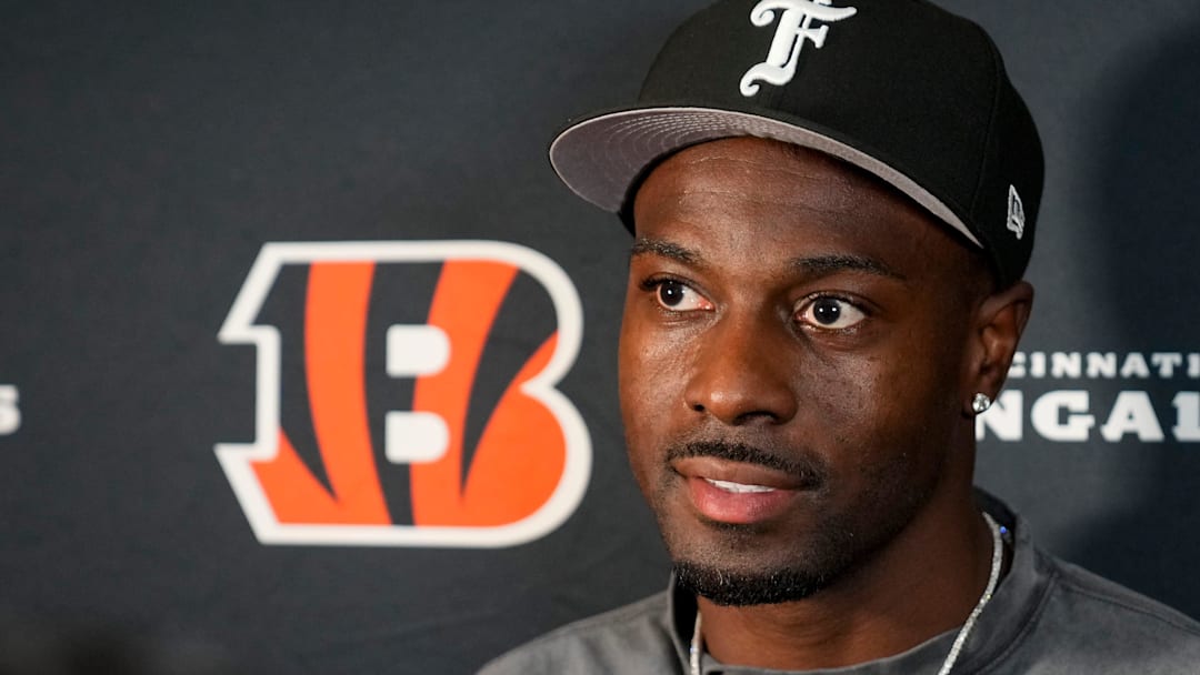Former Cincinnati Bengals receiver AJ Green gives an interview ahead of NFL Draft night at Paycor Stadium in downtown Cincinnati on Thursday, April 24, 2025.