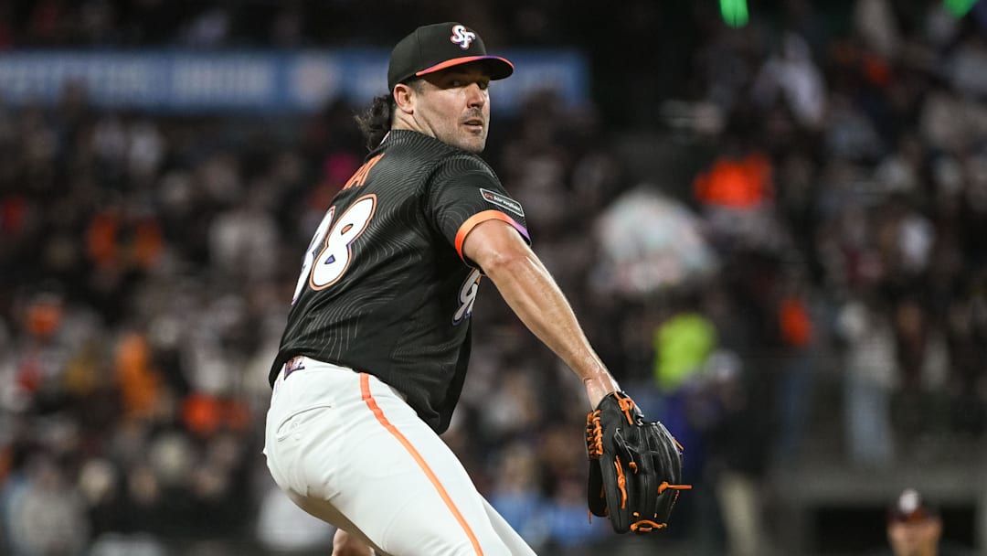 Apr 7, 2026; San Francisco, California, USA; San Francisco Giants pitcher Robbie Ray (38) throws a pitch against the Philadelphia Phillies during the fourth inning at Oracle Park. Mandatory Credit: Ed Szczepanski-Imagn Images