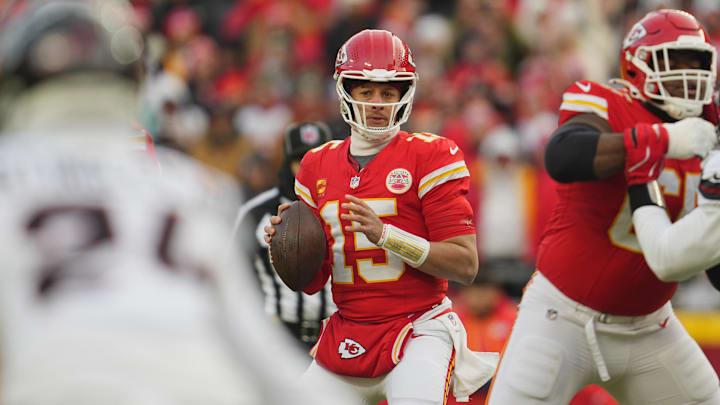 Chiefs quarterback Patrick Mahomes (15) drops back to pass against the Texans during the first quarter of a 2025 AFC divisional round game Saturday.