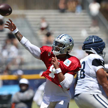 Jul 30, 2024; Oxnard, CA, USA; Dallas Cowboys quarterback Dak Prescott (4) throws during training camp at the River Ridge Playing Fields in Oxnard, California. 