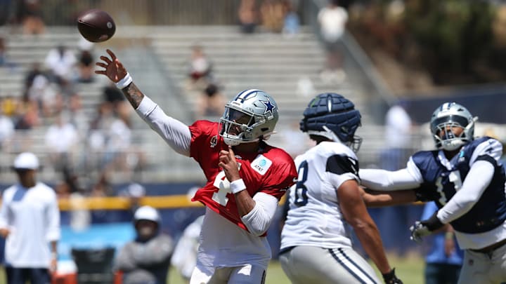 Jul 30, 2024; Oxnard, CA, USA; Dallas Cowboys quarterback Dak Prescott (4) throws during training camp at the River Ridge Playing Fields in Oxnard, California. 