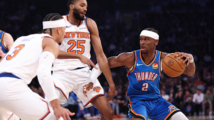 Mar 4, 2026; New York, New York, USA; Oklahoma City Thunder guard Shai Gilgeous-Alexander (2) is guarded by New York Knicks guard Mikal Bridges (25) during the first half at Madison Square Garden. Mandatory Credit: Vincent Carchietta-Imagn Images